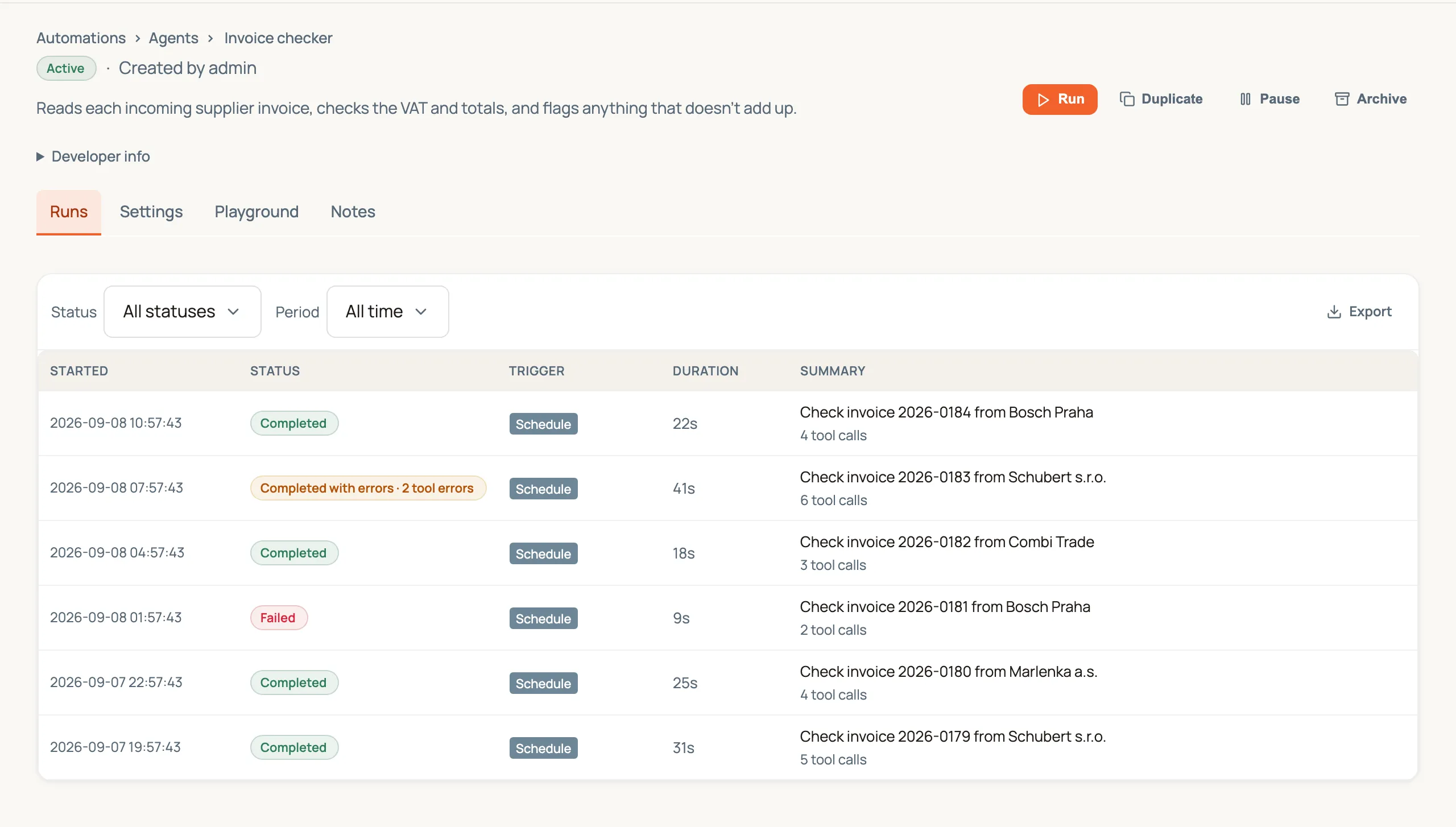 An agent's Runs tab: filters for Status and Period above a table of runs, each row showing when it started, how it finished, what triggered it, how long it took, and the task it was given.