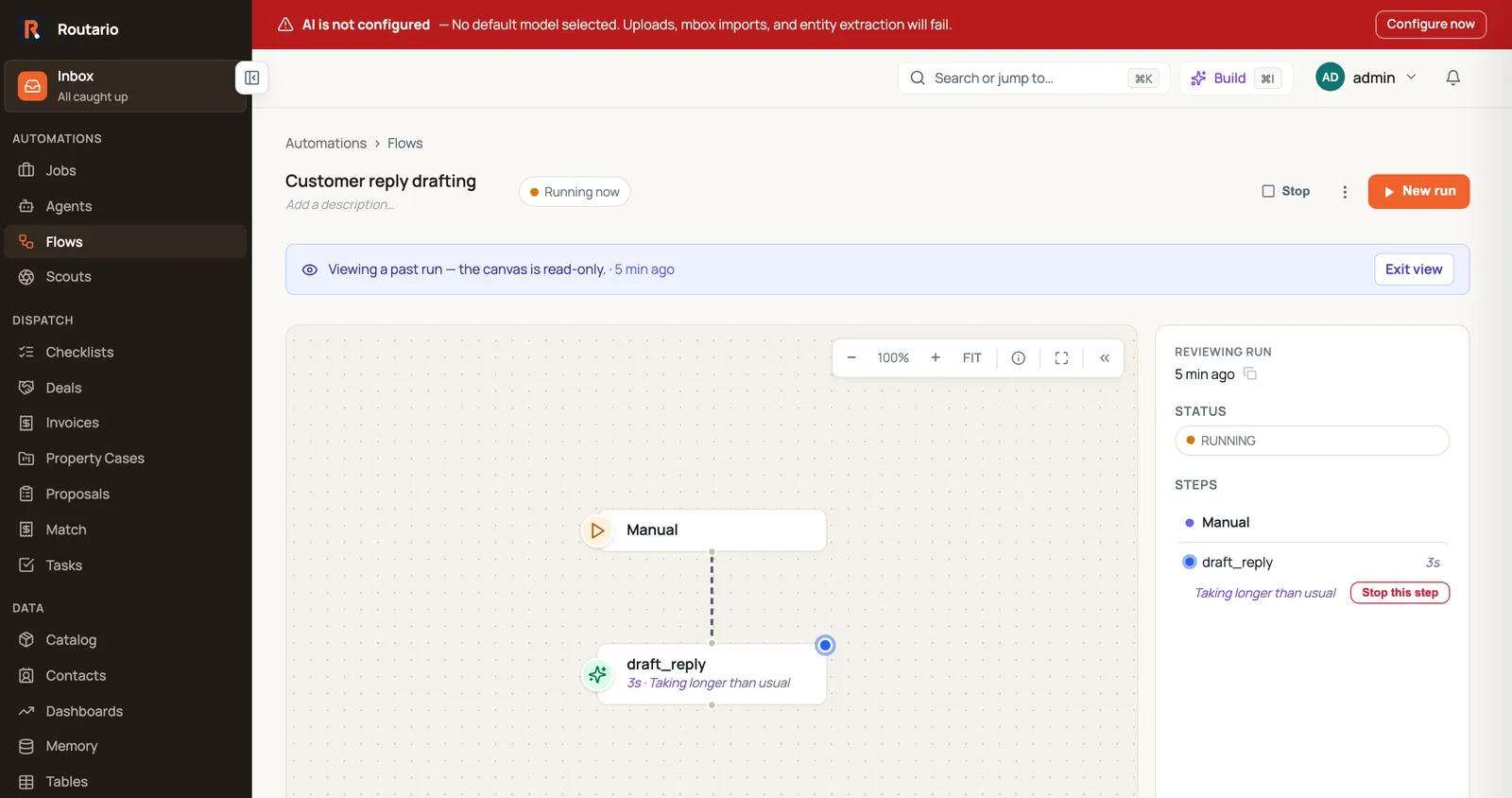 An Ask AI step running past its usual latency: the canvas node and the side panel both show "Taking longer than usual" next to a red Stop this step button.