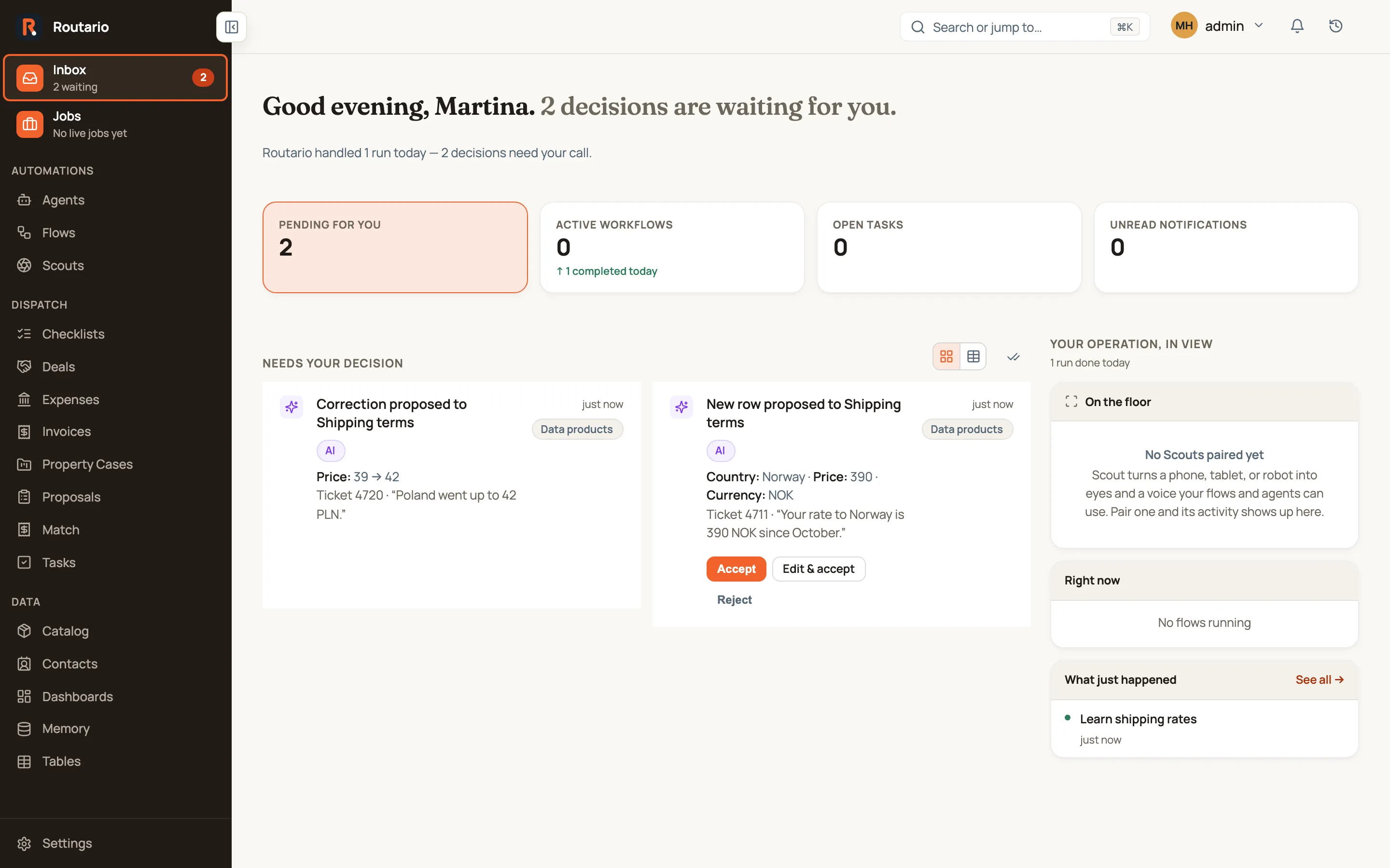 The Inbox with two decisions from a flow called 'Learn shipping rates'. 'Correction proposed to Shipping terms' reads 'Price: 39 → 42' and 'Ticket 4720 · "Poland went up to 42 PLN."'. 'New row proposed to Shipping terms' reads 'Country: Norway · Price: 390 · Currency: NOK' and 'Ticket 4711 · "Your rate to Norway is 390 NOK since October."', with the buttons Accept, Edit & accept and Reject.