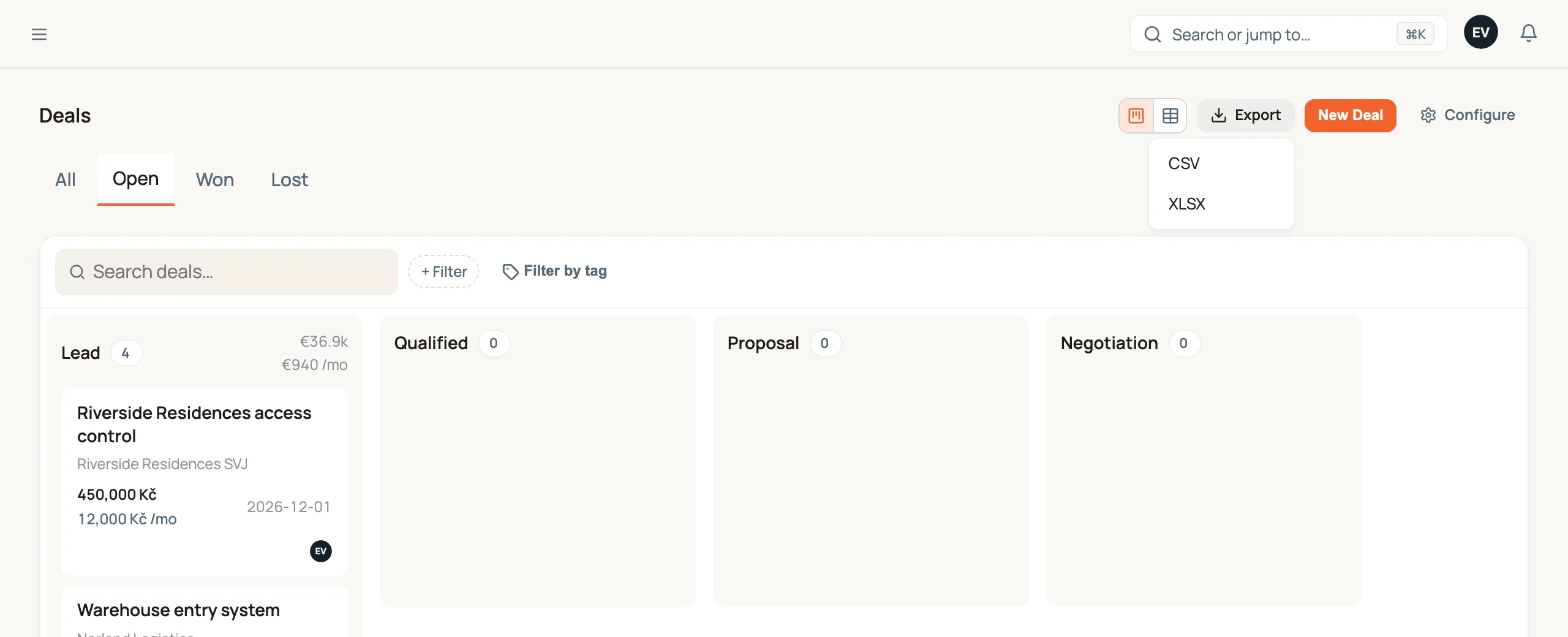 The top of the Deals page on the Open tab. The Export button, between the board/table switch and New Deal, is open and offers CSV and XLSX.