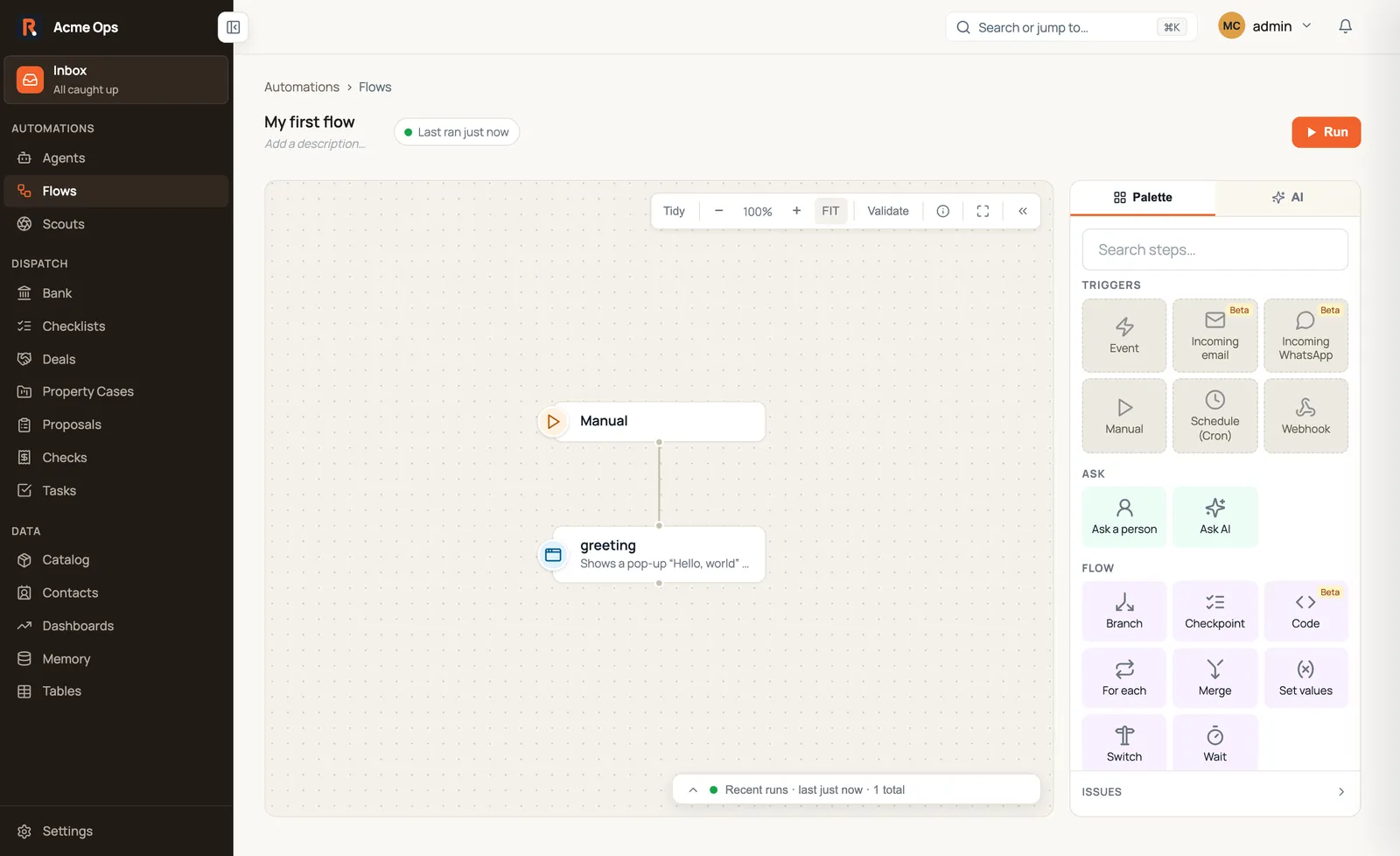 A new flow on the canvas: a Manual trigger connected to a single Send pop-up step.