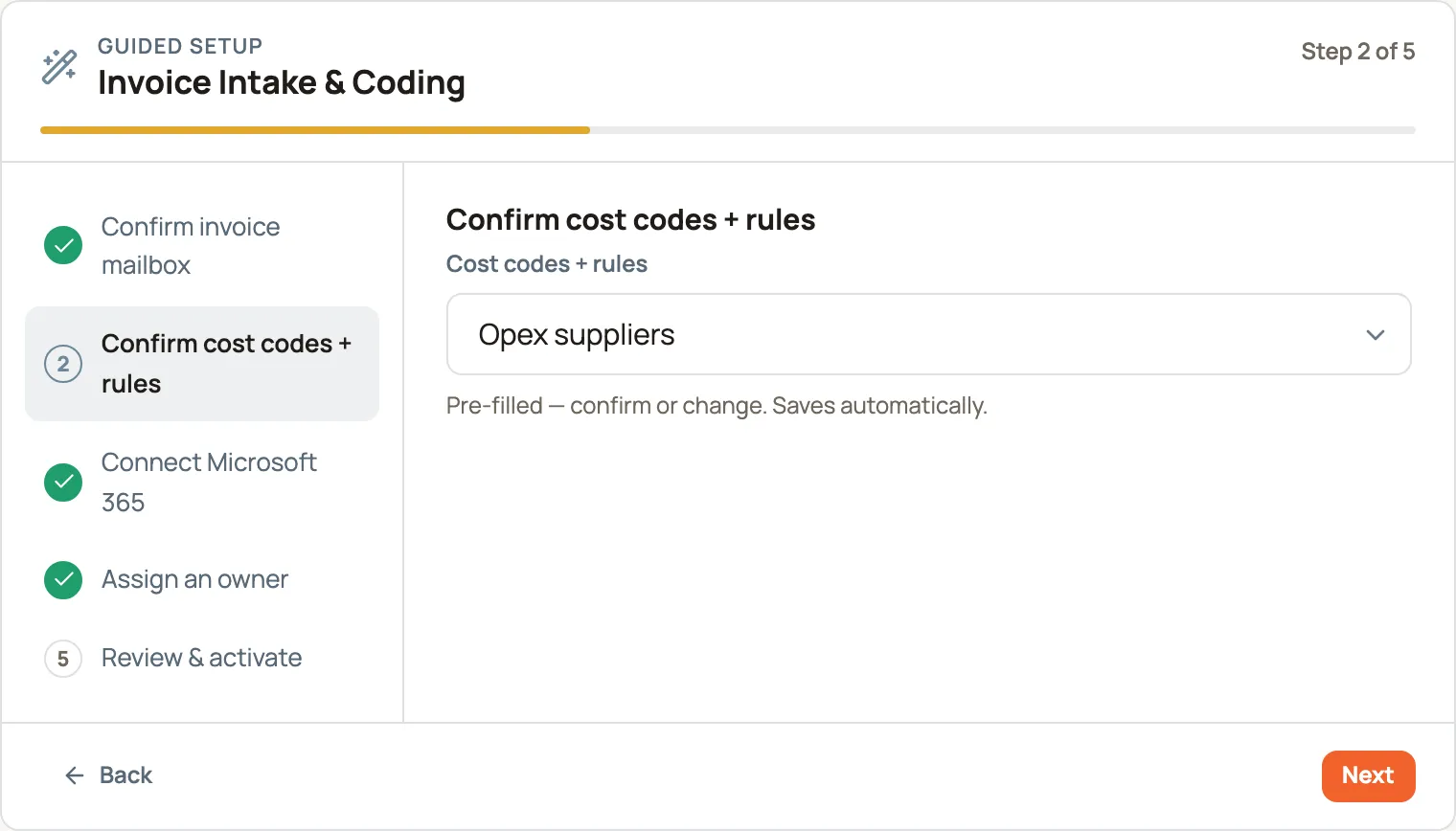 A guided-setup step with the value already selected — a table picker showing "Opex suppliers" — and a note that it saves automatically.
