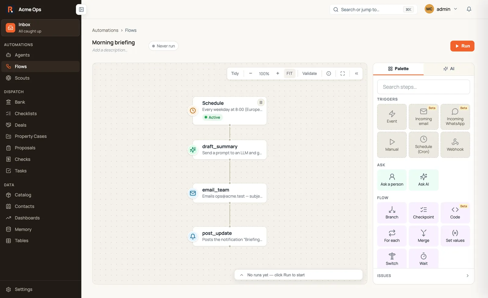 A four-step automation on the canvas: a Schedule trigger, then an AI summary, an email, and a notification.