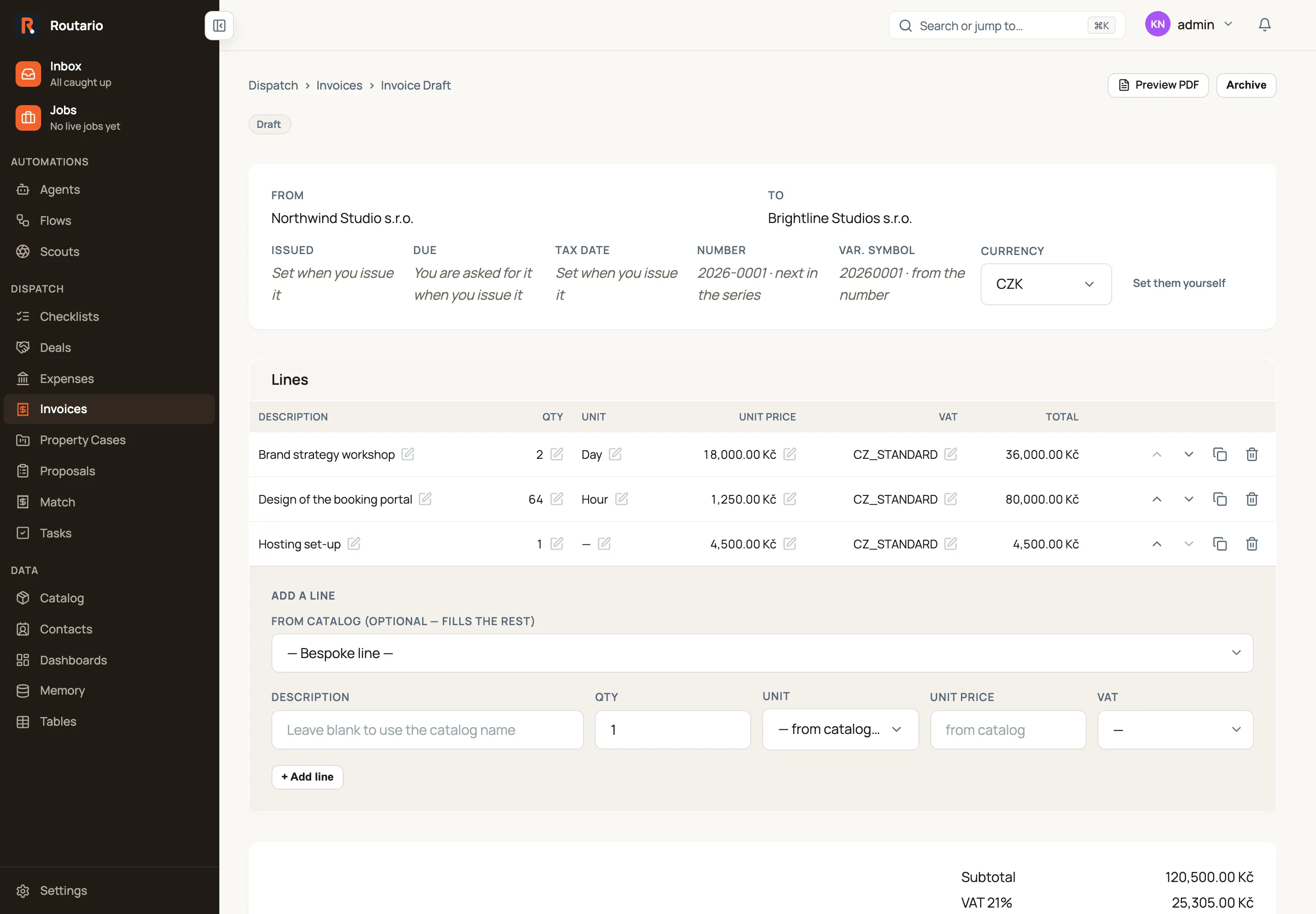 A draft invoice in Routario. The facts row reads "Set when you issue it" for the issue and tax dates, "You are asked for it when you issue it" for the due date, "2026-0001 · next in the series" for the number and "20260001 · from the number" for the variable symbol, next to a Currency picker set to CZK and a "Set them yourself" link. Below it, three lines (Brand strategy workshop, Design of the booking portal, Hosting set-up) each have a pencil beside every value and buttons to move, duplicate or remove the line, followed by the "Add a line" band.