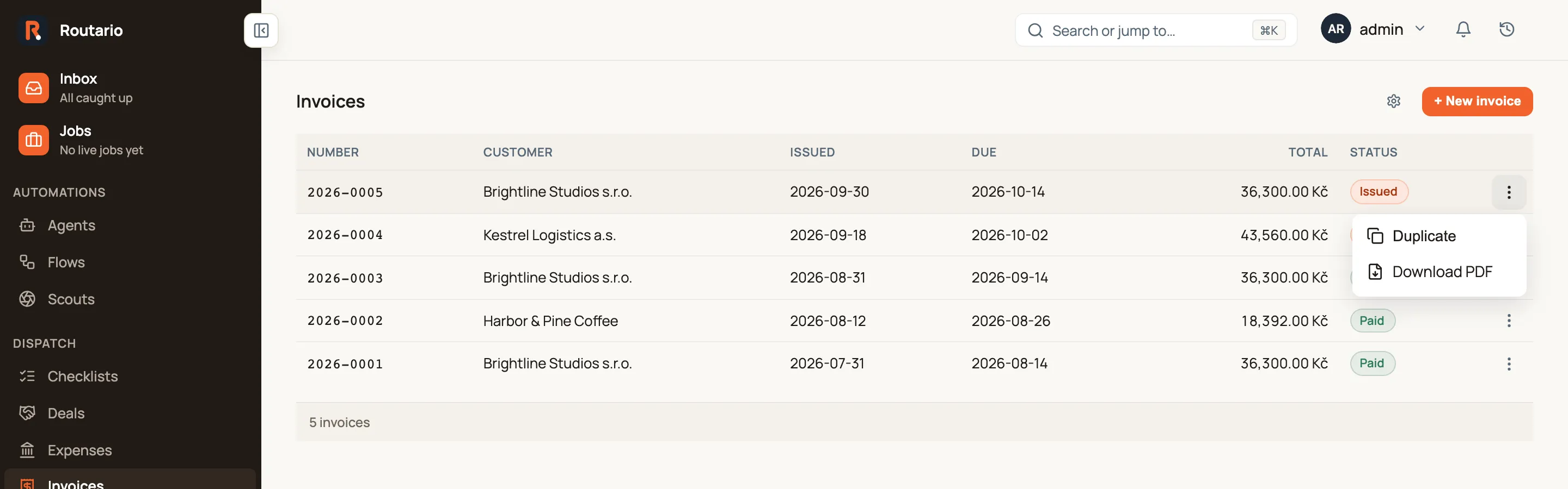The Invoices list in Routario with five invoices for Brightline Studios, Kestrel Logistics and Harbor & Pine Coffee. The ⋮ menu on the newest Brightline Studios invoice is open, showing Duplicate and Download PDF.