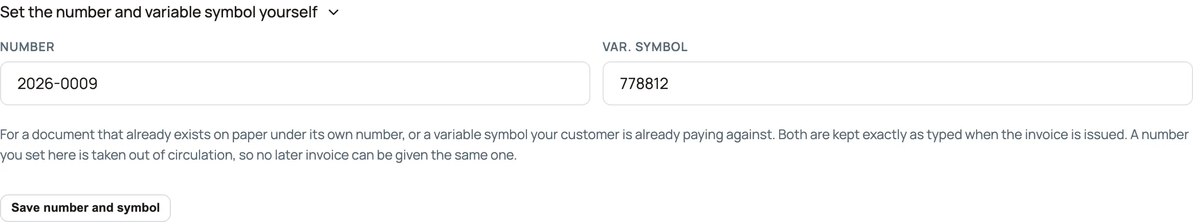 The "Set the number and variable symbol yourself" panel on a draft invoice, with Number set to 2026-0009 and Var. symbol set to 778812, above a Save number and symbol button.