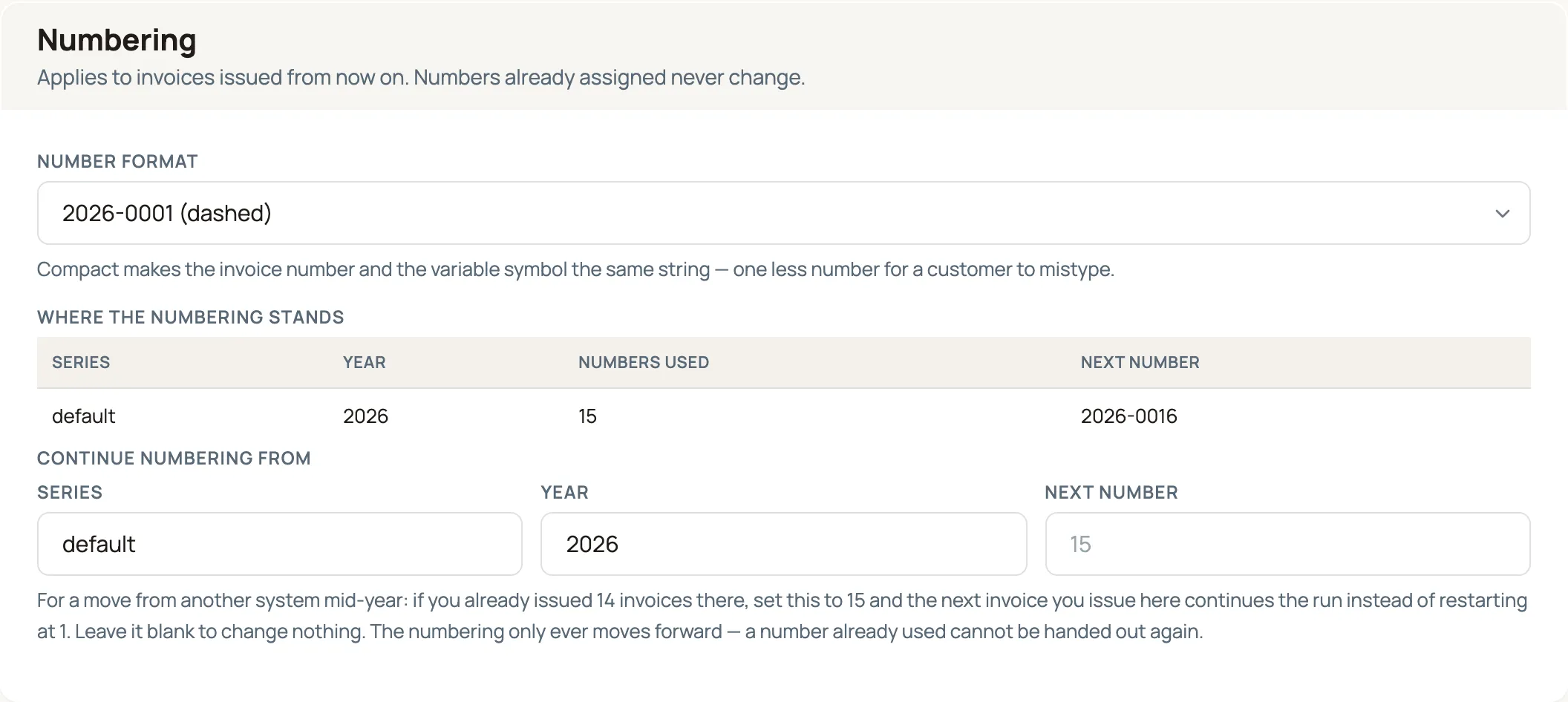 The Numbering section of Invoice settings: a Number format dropdown set to "2026-0001 (dashed)", a "Where the numbering stands" table showing series default, year 2026, 15 numbers used and next number 2026-0016, and a "Continue numbering from" row with Series, Year and Next number fields.