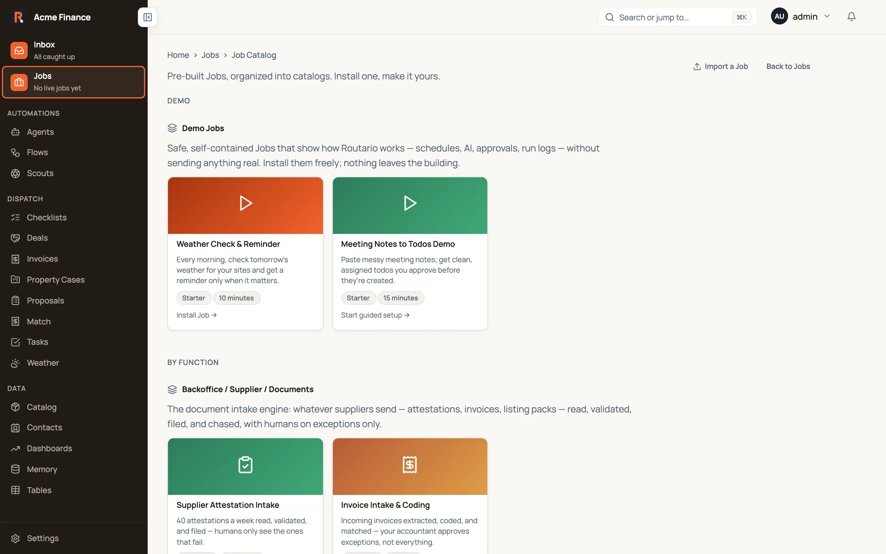 The Job catalog: pre-built Jobs grouped into catalogs, each card showing what it does and an Install Job or Start guided setup action.