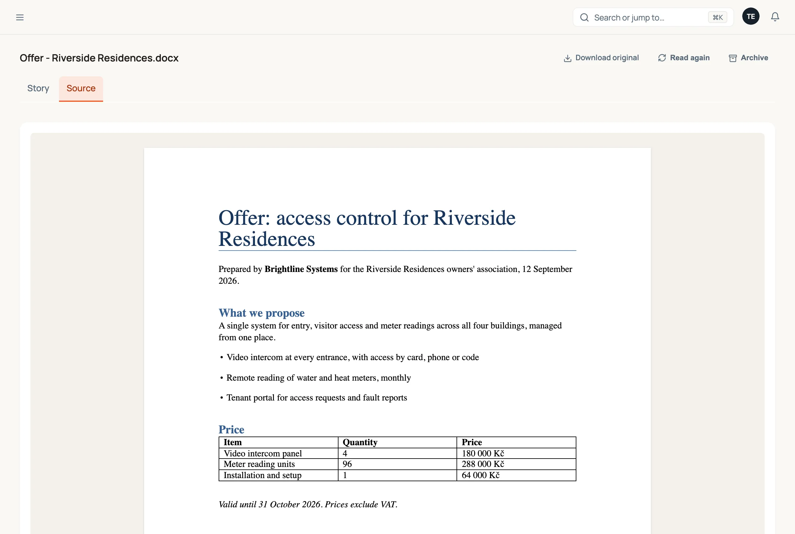The Source tab of a Word document, "Offer - Riverside Residences.docx". Next to Story, the Source tab is selected. The document is drawn as a page: a large heading "Offer: access control for Riverside Residences", a paragraph with "Brightline Systems" in bold, a "What we propose" heading with three bullet points, and a "Price" heading over a bordered table of items, quantities and prices in Kč. Download original, Read again and Archive sit at the top right.