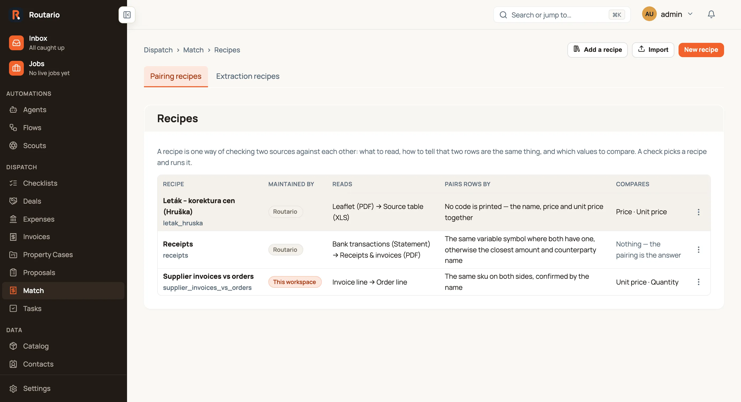 The Recipes page under Match, listing three recipes. Each row shows the recipe's name and key, a Maintained by badge reading either Routario or This workspace, and three plain-language columns: Reads (Leaflet PDF to Source table XLS), Pairs rows by (no code is printed, so the name, price and unit price together) and Compares (Price and Unit price, or 'Nothing - the pairing is the answer' for bank reconciliation). Add a recipe, Import and New recipe sit in the header.