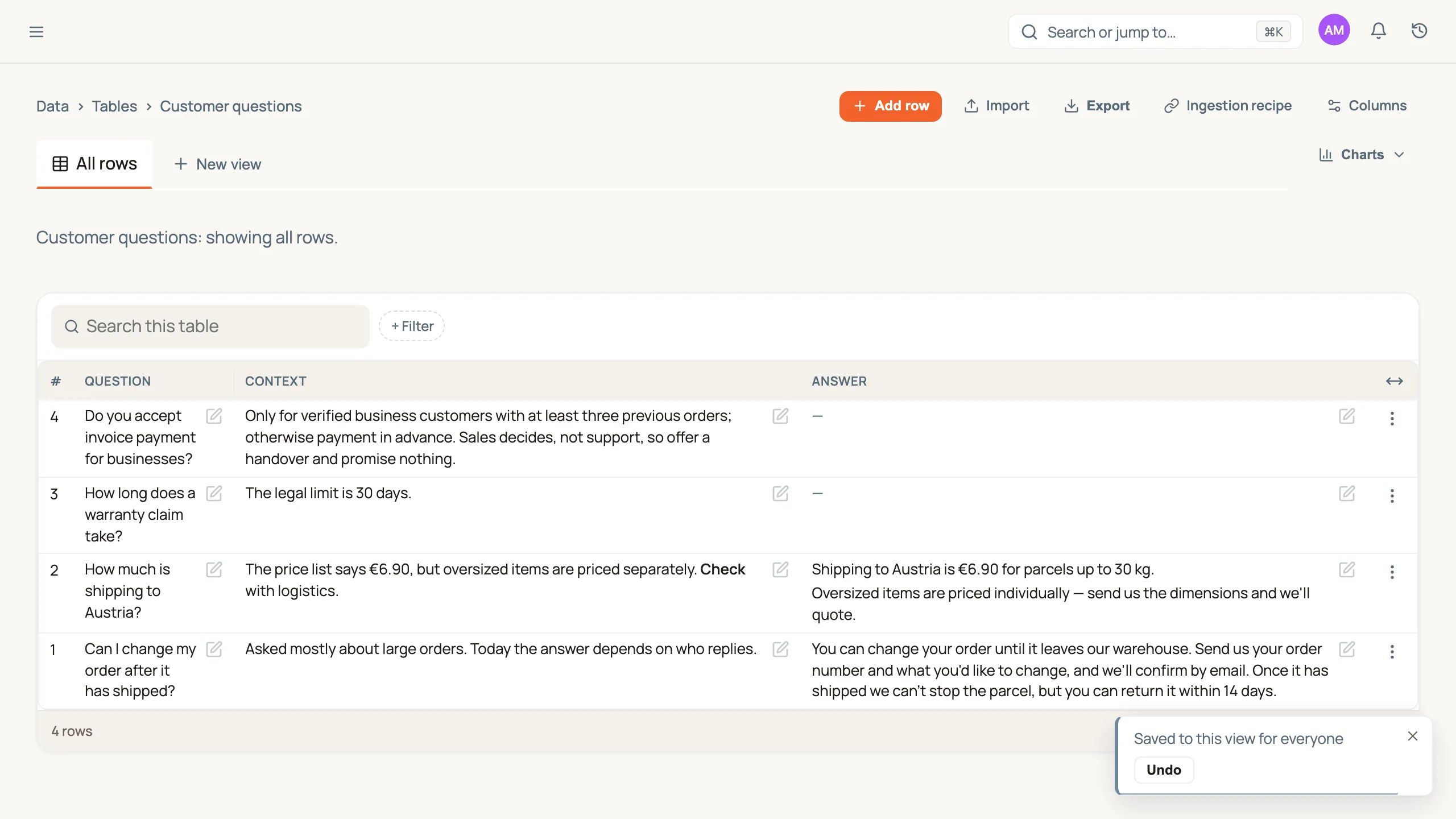 A table of customer questions after the Question column was dragged narrower: the text re-wraps to the new width, the table ends at its last column, the Auto-fit columns icon sits in the heading row's top-right corner, and a toast reads "Saved to this view for everyone" with an Undo button.