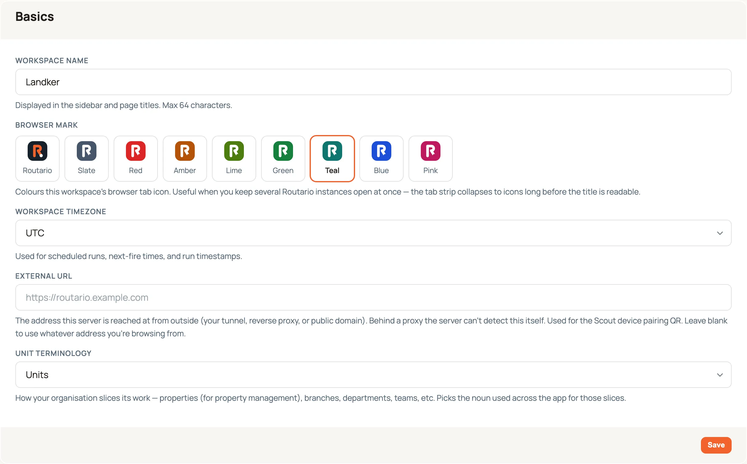 The Basics panel on Settings → General. A Workspace name field contains "Landker"; below it a Browser mark row shows nine icon swatches — Routario, Slate, Red, Amber, Lime, Green, Teal, Blue, Pink — with Teal selected. Workspace timezone, External URL, and Unit terminology follow, with a Save button at the foot of the panel.